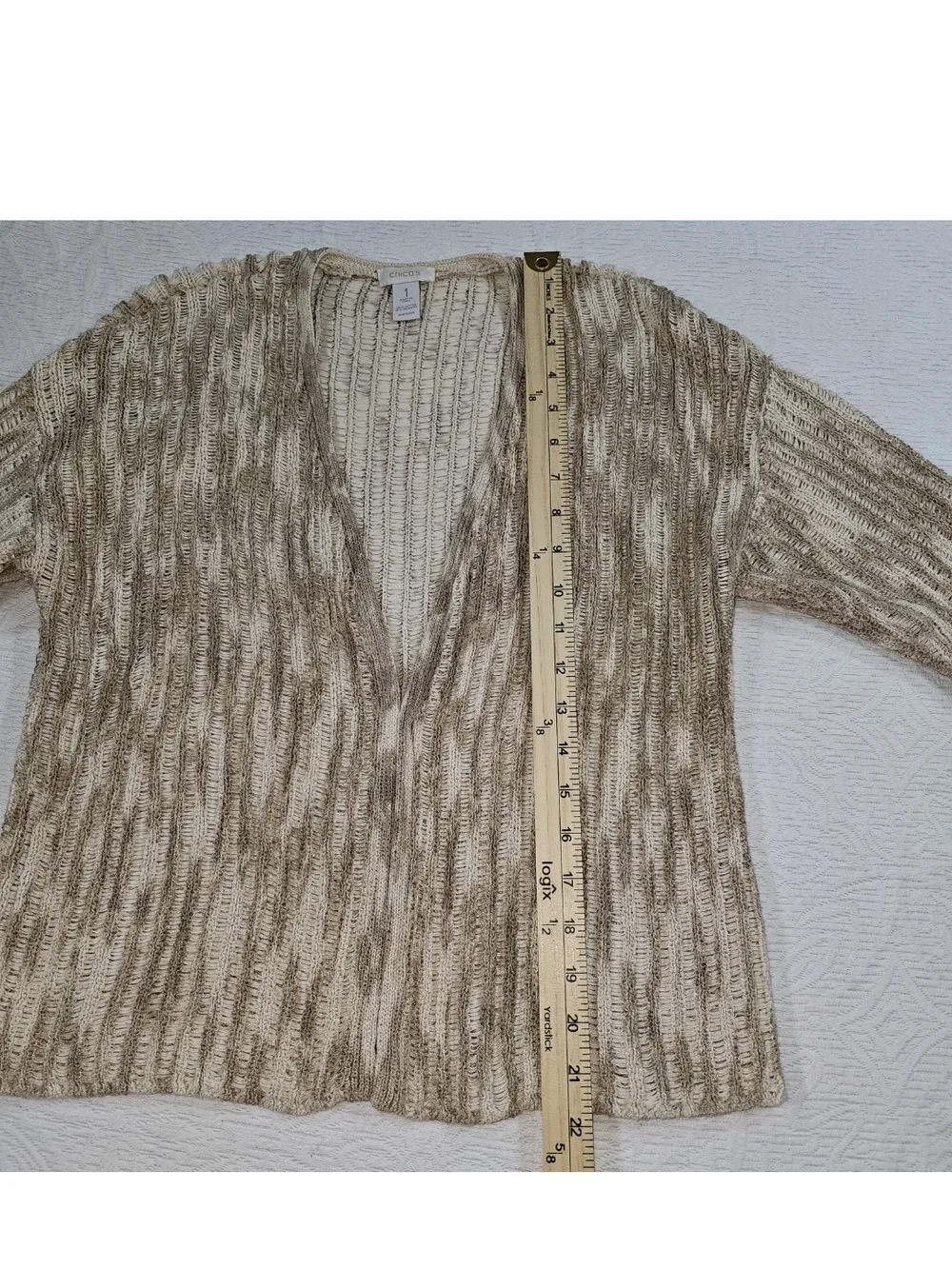 Chicos 1 (US M/8) Open Cardigan Crochet Cream Tan Cotton Blend ¾ Sleeve Earthy